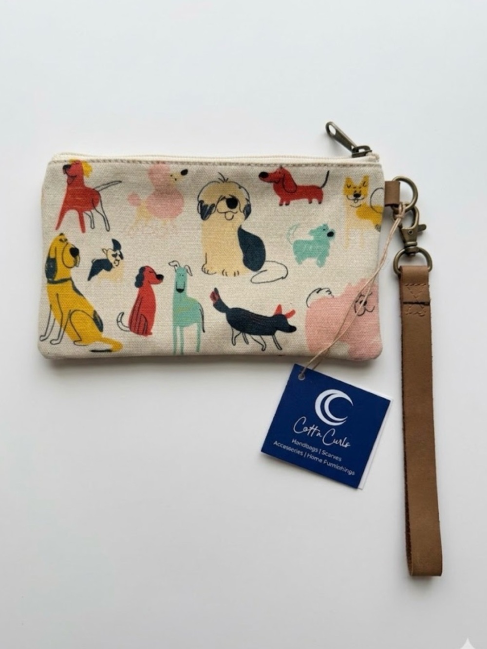 Cottn Curls "Dogs" Canvas & Leather Wristlet - Whimsical Dog Print